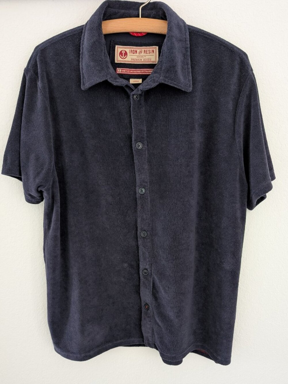 Iron & Resin Navy Terry Cloth Button Down Shirt Size L Short Sleeve